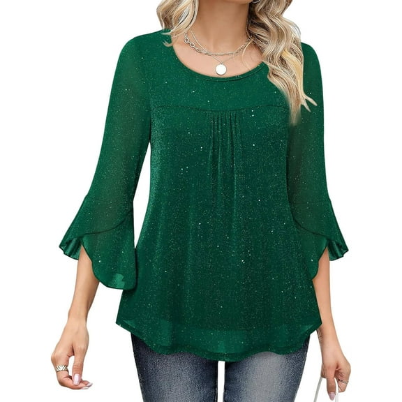 Women'S Ruffle 3/4 Sleeve Elegant Dressy Blouses Crew Neck Double Layers Mesh Tunic Tops Dark Green XL