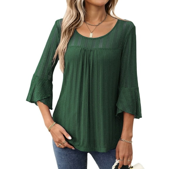 Women'S Ruffle 3/4 Sleeve Elegant Dressy Blouses Crew Neck Double Layers Mesh Tunic Tops Dark Green XXL