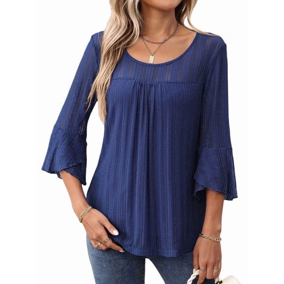 Women'S Ruffle 3/4 Sleeve Elegant Dressy Blouses Crew Neck Double Layers Mesh Tunic Tops Navy Blue L