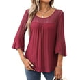thumbnail image 1 of Women'S Ruffle 3/4 Sleeve Elegant Dressy Blouses Crew Neck Double Layers Mesh Tunic Tops Red S, 1 of 7
