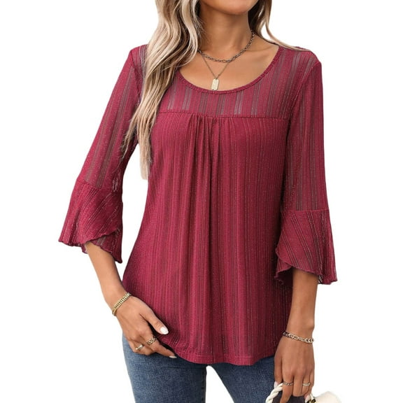 Women'S Ruffle 3/4 Sleeve Elegant Dressy Blouses Crew Neck Double Layers Mesh Tunic Tops Red S