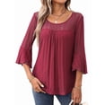 thumbnail image 1 of Women'S Ruffle 3/4 Sleeve Elegant Dressy Blouses Crew Neck Double Layers Mesh Tunic Tops Red S, 1 of 7