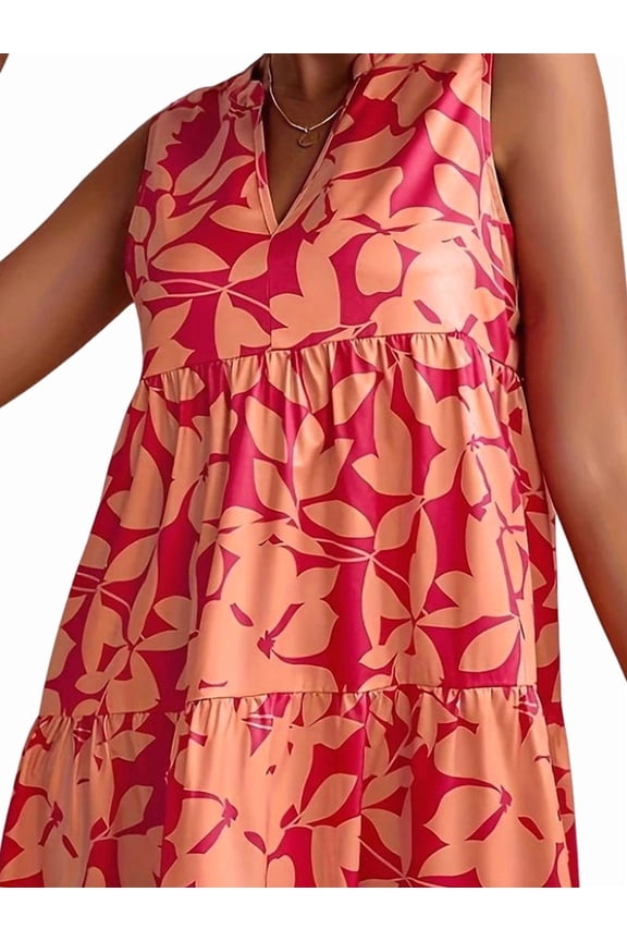Women'S Ruffle Beach Mini Dress Split V Neck A Line Sleeveless Geometric Pattern Summer Dresses Orange-Red M