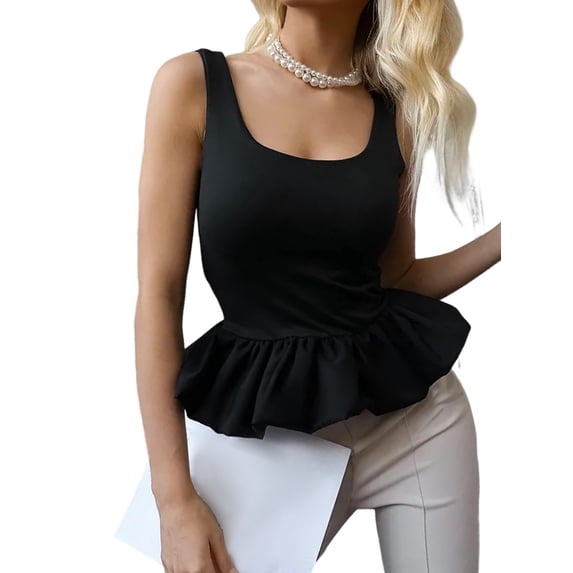 Women'S Ruffle Bubble Hem Tank Top Backless Sleeveless Patchwork Peplum Top Babydoll Shirts