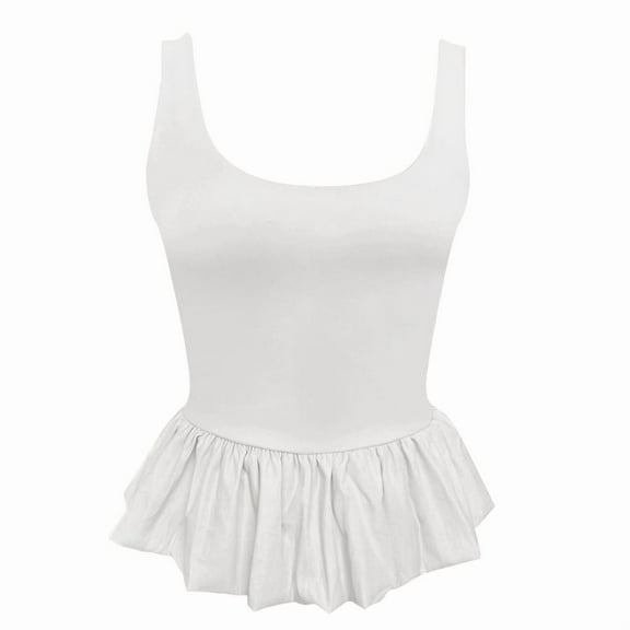 Women'S Ruffle Bubble Hem Tank Top Scoop Neck Backless Sleeveless Patchwork Peplum Top Going Out Babydoll Shirts White M