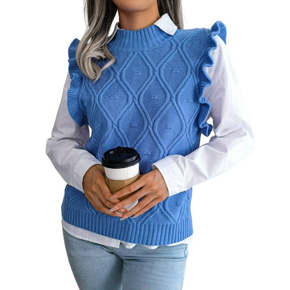 Women'S Ruffle Cute Sweater Vest Sleeveless Round Neck Summer Knit Pullover Tank Tops Blue M