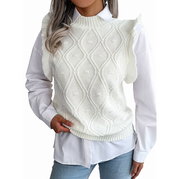 Women'S Ruffle Cute Sweater Vest Sleeveless Round Neck Summer Knit Pullover Tank Tops White M