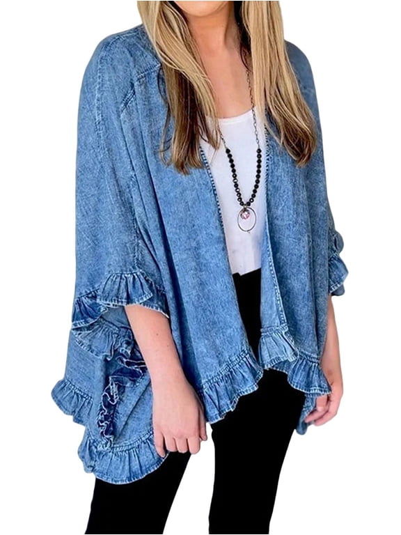 Women'S Ruffle Denim Jacket Shawl Loose Fit Cloak Coat Jacket Washed Destroyed Denim Jackets Poncho Cape Blue L