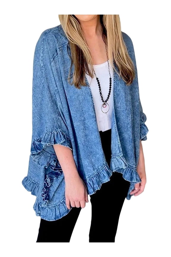Women'S Ruffle Denim Jacket Shawl Loose Fit Cloak Coat Jacket Washed Destroyed Denim Jackets Poncho Cape Blue L