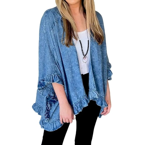 Women'S Ruffle Denim Jacket Shawl Loose Fit Cloak Coat Jacket Washed Destroyed Denim Jackets Poncho Cape Blue XL
