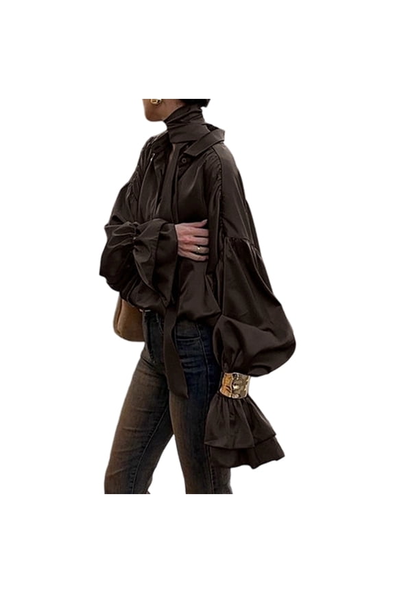Women'S Ruffle Flared Long Sleeves Button Down Tops Satin Lapel Solid Blouse with Scarf Brown S