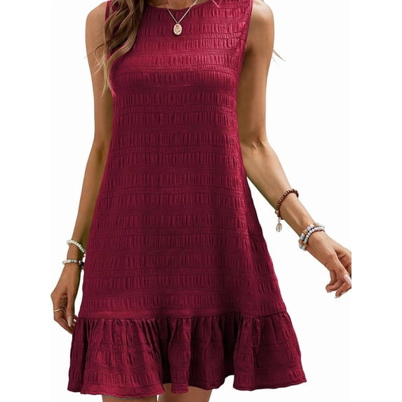 Women'S Ruffle Hem Sleeveless Tank Dress Round Neck Casual Smock Summer Mini Dresses Wine Red L