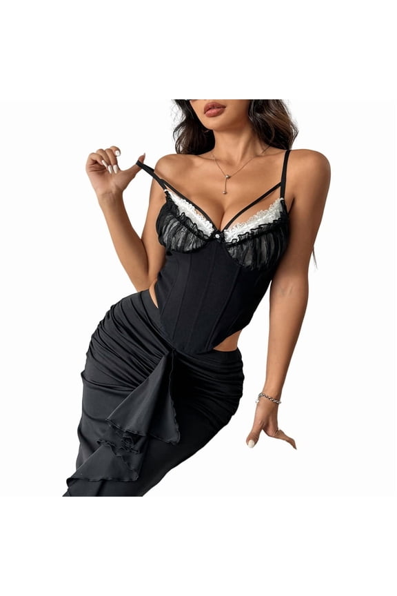 Women'S Ruffle Lace Trim V Neck Corset Top Adjustable Straps Corset Shaper Crop Top Black S