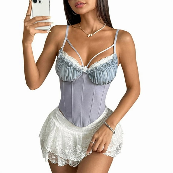 Women'S Ruffle Lace Trim V Neck Corset Top Adjustable Straps Corset Shaper Crop Top Light Gray S