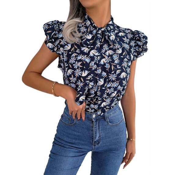 Women'S Ruffle Short Sleeve Summer 2025 Trendy Floral Trim Neck Casual Dressy Chiffon Boho Blouses Shirts Dark Blue L