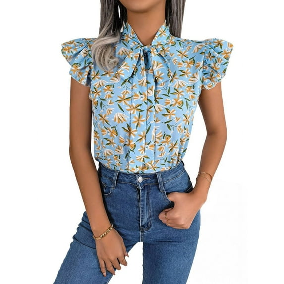Women'S Ruffle Short Sleeve Summer 2025 Trendy Floral Trim Neck Casual Dressy Chiffon Boho Blouses Shirts Light Blue XL