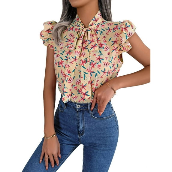 Women'S Ruffle Short Sleeve Summer Tops 2025 Trendy Floral Trim Neck Casual Dressy Chiffon Boho Blouses Shirts Apricot S