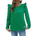 thumbnail image 1 of Women'S Ruffle Shoulder Long Sleeve Blouses Crew Neck Light-Weight 2025 Fall Ribbed Knit Pullover Tops Green L, 1 of 9