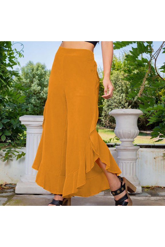 Women'S Ruffle Side Split Pants Wide Leg Casual Solid Color High Waist Loose Pants Trousers Yellow XL