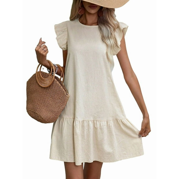 Women'S Ruffle Sleeve Mini Dress Summer Casual Crewneck Flowy A Line Short Babydoll Dress with Tiered White XS