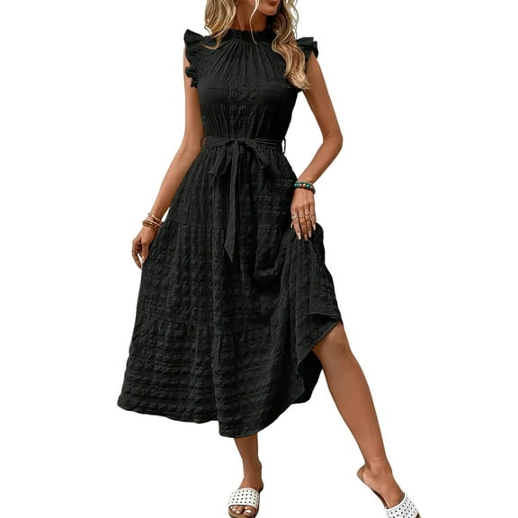 Women'S Ruffle Sleeve Stand Collar Maxi Dress A-Line Hem Ruffled Summer Casual Belted Dress Black L