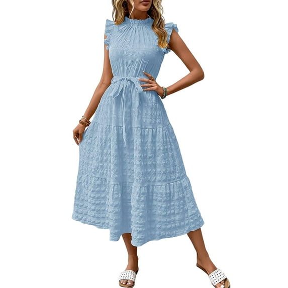 Women'S Ruffle Sleeve Stand Collar Maxi Dress A-Line Hem Ruffled Summer Casual Belted Dress Light Blue S