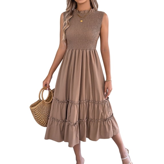 Women'S Ruffle Trim Flutter Sleeve Midi Dress Pleated Crew Neck Tiered Smocked Flowy Dresses Khaki S