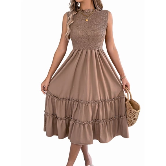 Women'S Ruffle Trim Flutter Sleeve Midi Dress Pleated Crew Neck Tiered Smocked Flowy Dresses Khaki XL
