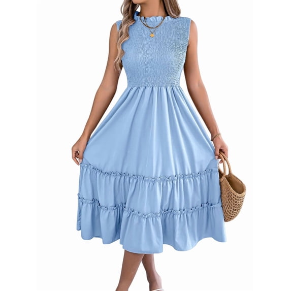 Women'S Ruffle Trim Flutter Sleeve Midi Dress Pleated Crew Neck Tiered Smocked Flowy Dresses Light Blue L