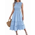 thumbnail image 1 of Women'S Ruffle Trim Flutter Sleeve Midi Dress Pleated Crew Neck Tiered Smocked Flowy Dresses Light Blue M, 1 of 9
