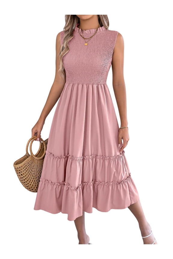 Women'S Ruffle Trim Flutter Sleeve Midi Dress Pleated Crew Neck Tiered Smocked Flowy Dresses Pink L