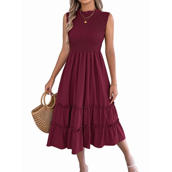 Women'S Ruffle Trim Flutter Sleeve Midi Dress Pleated Crew Neck Tiered Smocked Flowy Dresses Wine Red L