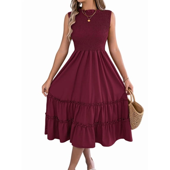 Women'S Ruffle Trim Flutter Sleeve Midi Dress Pleated Crew Neck Tiered Smocked Flowy Dresses Wine Red XL