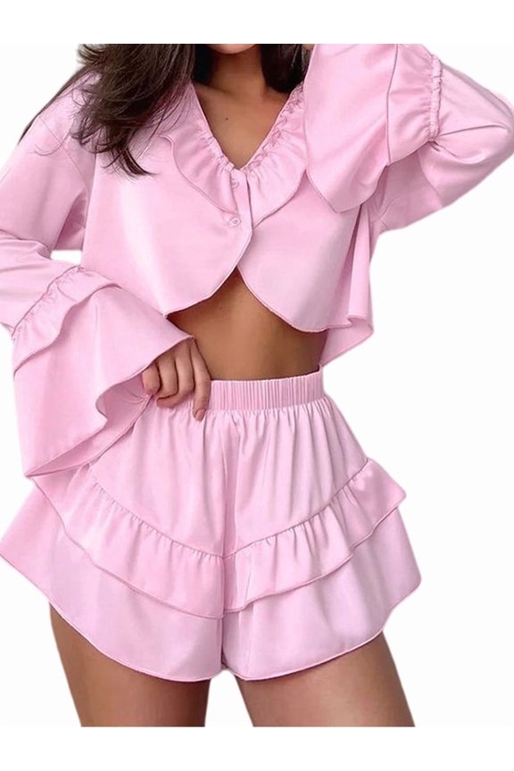Women'S Ruffle V Neck Long Sleeve Top & Shorts Two Piece Loungewear Set Pink M