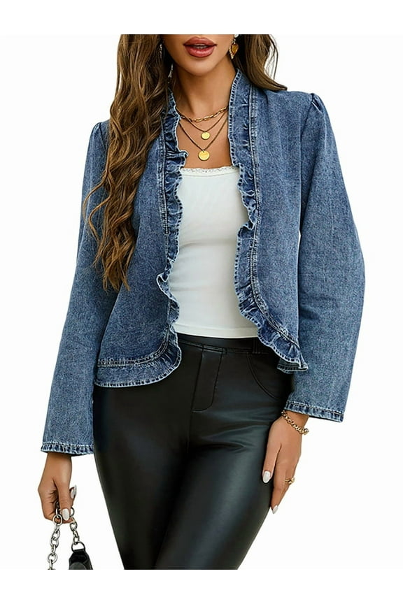 Women'S Ruffled Denim Jackets Long Sleeve Open Front Jean Cropped Top Coat Trendy Jean Jackets Blue L