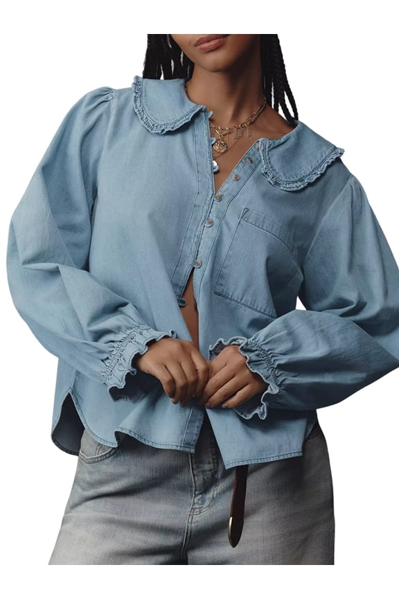 Women'S Ruffled Long Sleeve Denim Shirts Button Down Denim Blouse Jackets Blue L
