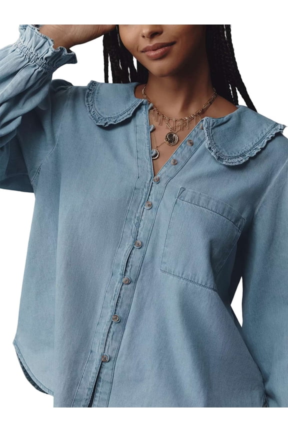 Women'S Ruffled Long Sleeve Denim Shirts Button Down Denim Blouse Jackets Blue L