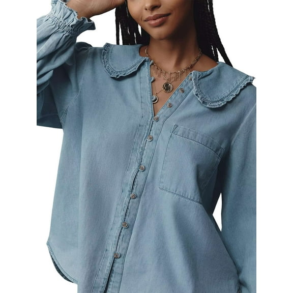 Women'S Ruffled Long Sleeve Denim Shirts Button Down Denim Blouse Jackets Blue S