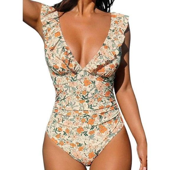 Women'S Ruffled One Piece Swimsuit V Neck Lace Up Color XL