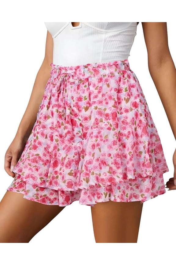 Women'S Ruffled Skirt Rose Red Floral Patterns XL