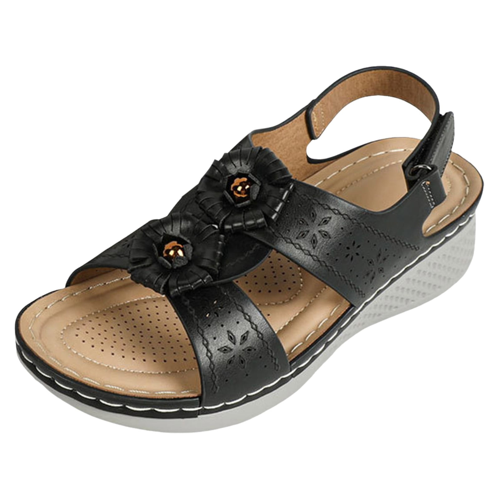 Women'S Sandals Wide Width Summer New Round Toe Shoes Flower Low Cut