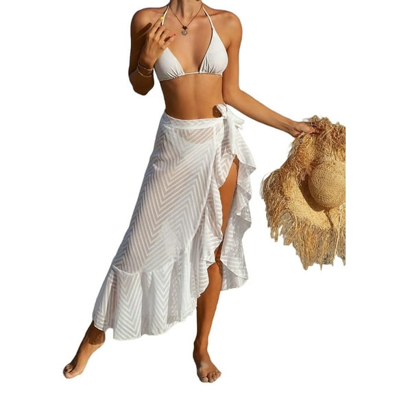 Women'S Sarong Cover Up Chiffon Swimwear Wrap Skirt Self Tie Ruffle Beach Cover Ups White M