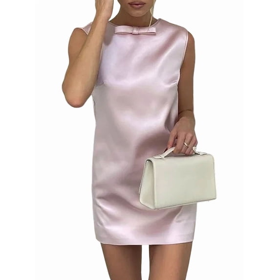 Women'S Satin Backless Round Neck Sleeveless Party Mini Dress Pink L