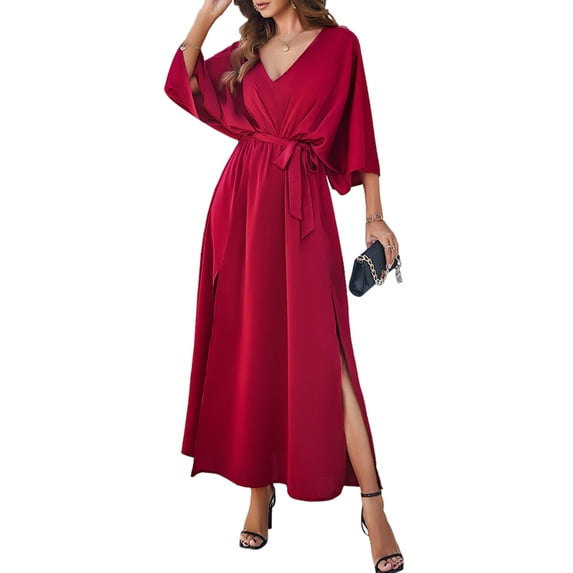 Women'S Satin Batwing Sleeve Cocktail Evening A Line Long Dress V Neck Ruched Loose Maxi Dress Wine Red L