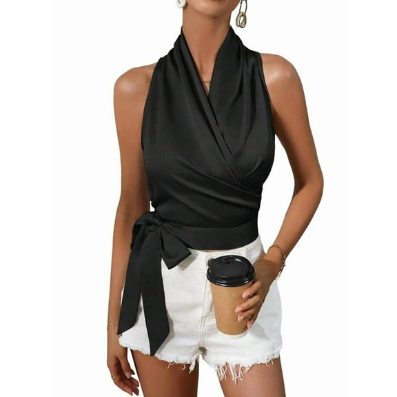 Women'S Satin Blouse Wrap V Neck Sleeveless Tie Side Summer Elegant Crop Tops Black XL