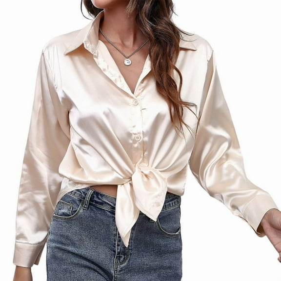 Women'S Satin Button Down V-Neck Long Sleeve Tops Summer Silk Blouses Fashion Spring Shirt 2025 Champagne L