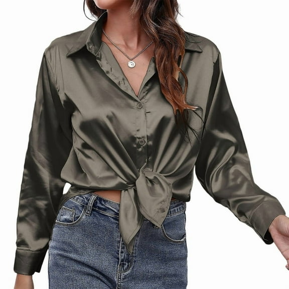 Women'S Satin Button Down V-Neck Long Sleeve Tops Summer Silk Blouses Fashion Spring Shirt 2025 Dark Gray S