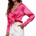 thumbnail image 1 of Women'S Satin Button Down V-Neck Long Sleeve Tops Summer Silk Blouses Fashion Spring Shirt 2025 Rose Red L, 1 of 7