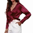 thumbnail image 1 of Women'S Satin Button Down V-Neck Long Sleeve Tops Summer Silk Blouses Fashion Spring Shirt 2025 Wine Red L, 1 of 7