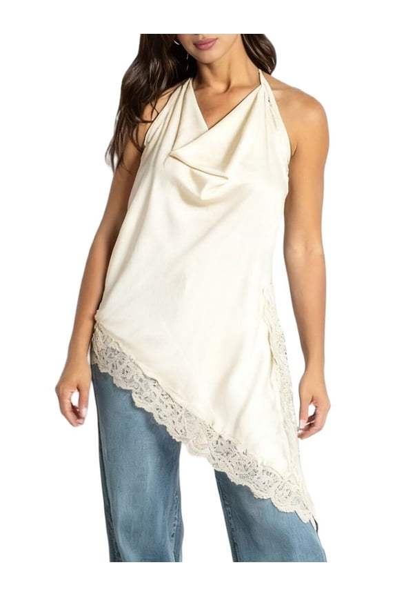 Women'S Satin Halter Neck Top Elegant Lace Trim Asymmetric Hem Sleeveless Going Out Tank Top Streetwear Color S